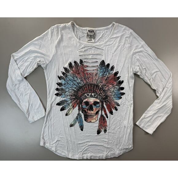 Vocal Tops - Vocal Womens Long Sleeve Top Size M Cream Color Chief Rock Retro Bling Americana